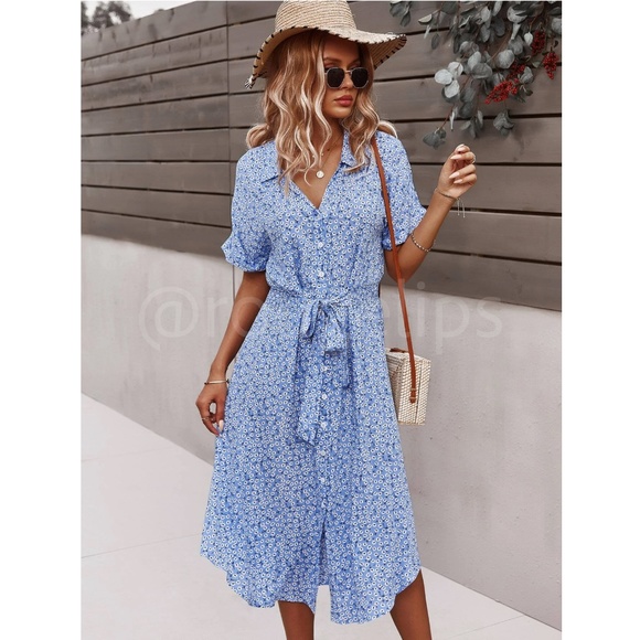Light Blue Floral Print Midi Dress Button Front V-Neck - Picture 6 of 10
